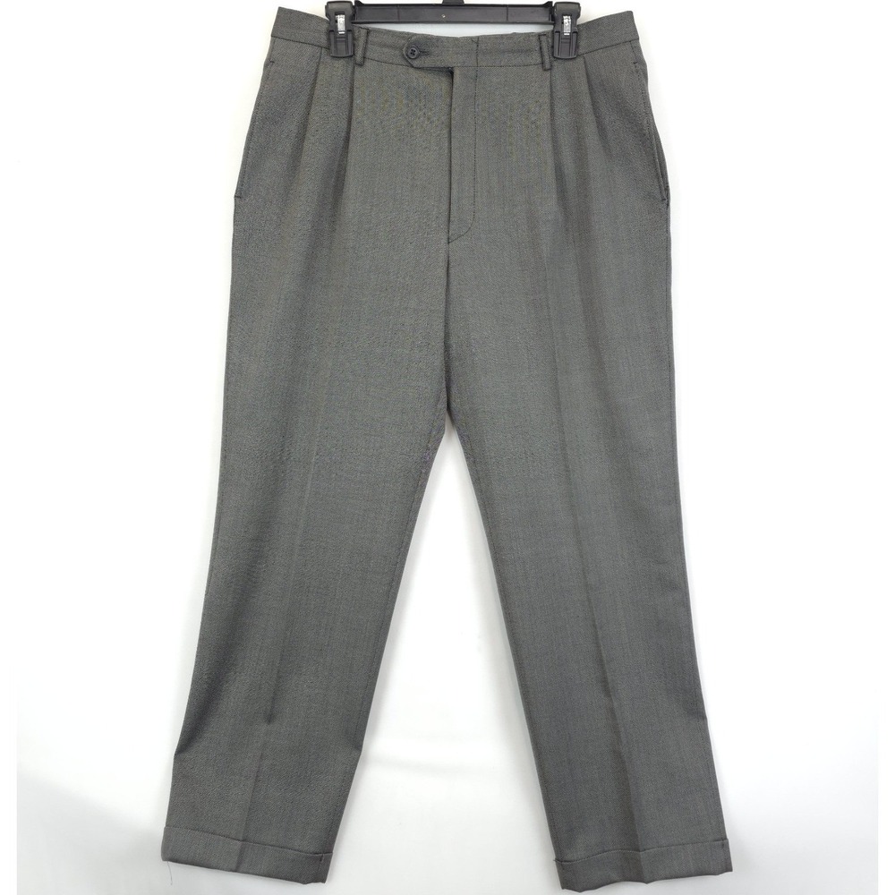 Pierre Cardin Dress Pants‎ 34x29 100% Wool Gray Birdseye Pleated Cuffed Office